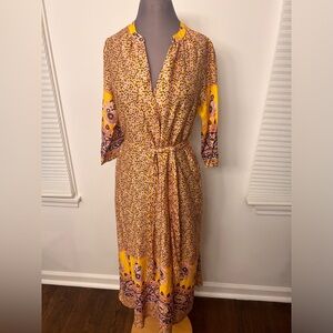 XiRENA Size M Yellow & Purple Cotton & Silk Floral Paisley V Neck Maxi Dress